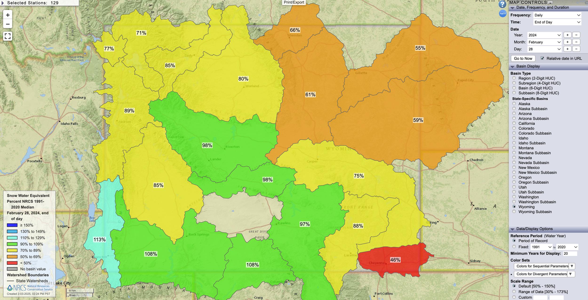Wyoming February 28, 2024 snow water equivalent percent map