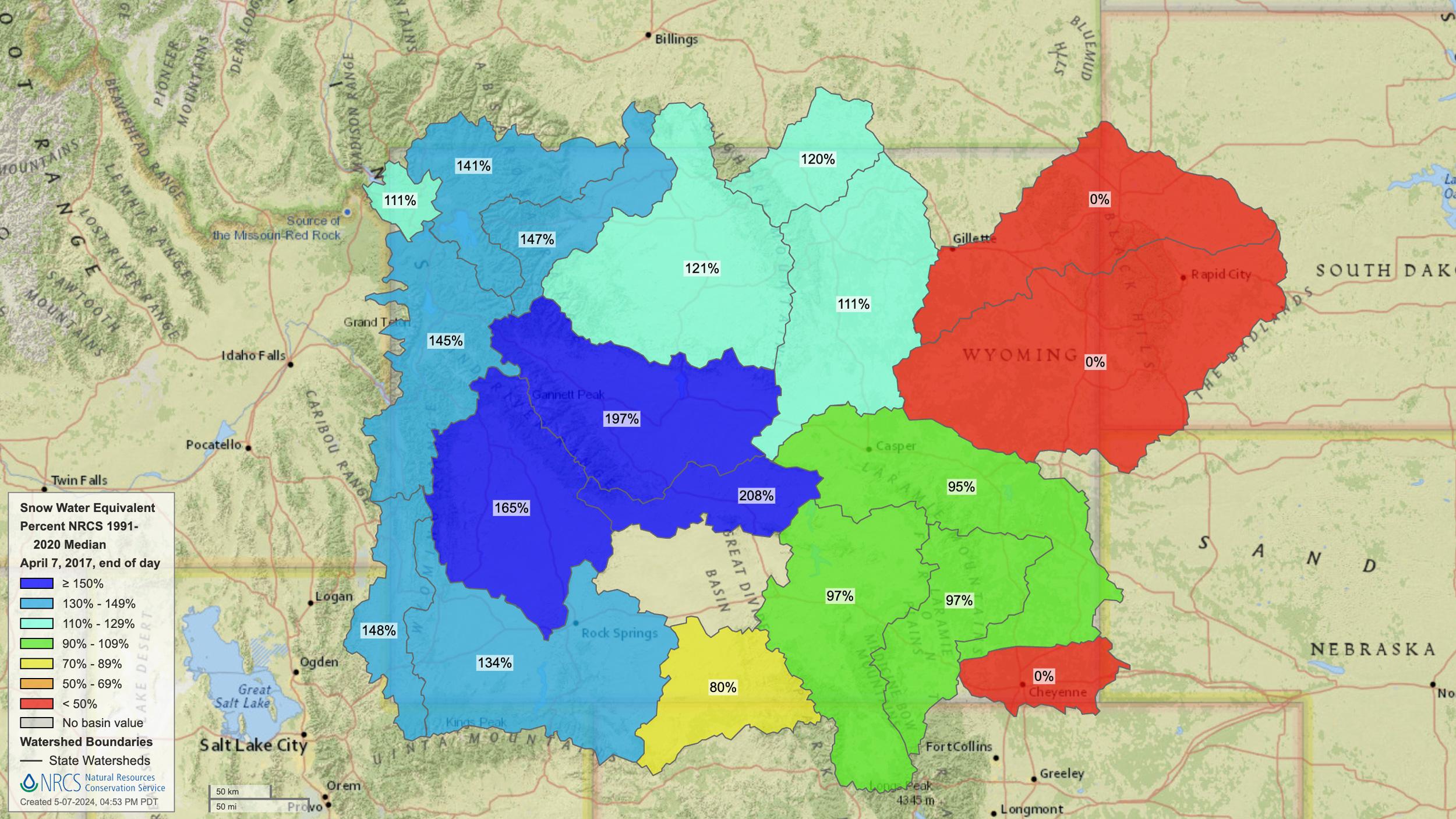 2017 Wyoming early April snow water equivalent map