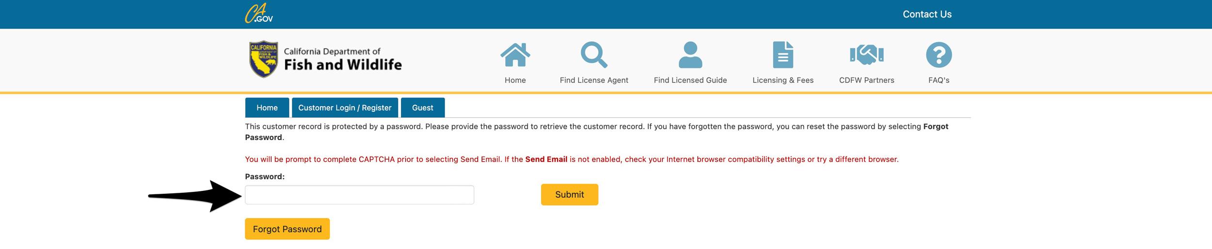 Enter in your California hunting license account password