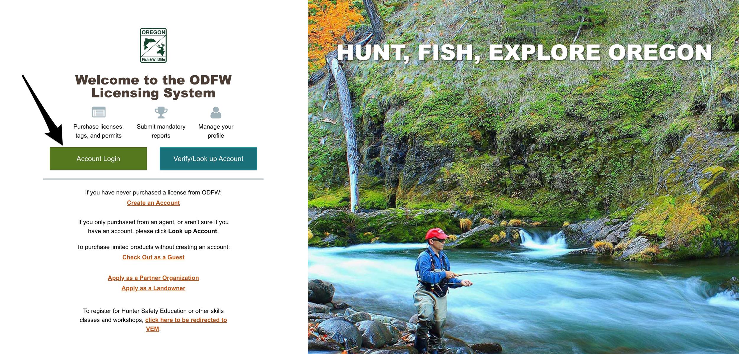 Oregon Department of Fish and Wildlife licensing system page