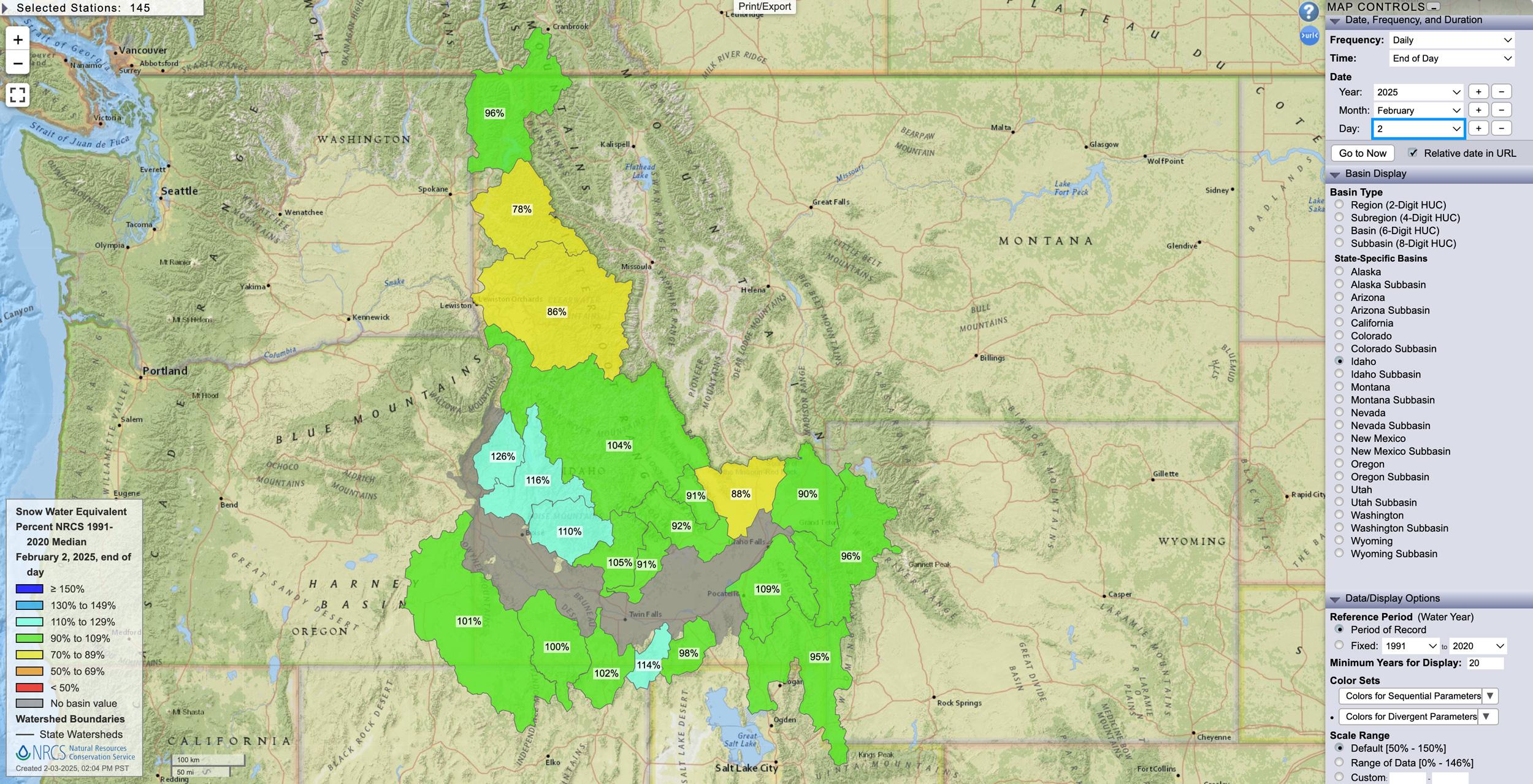 Idaho February 2, 2025 snow water equivalent percent map