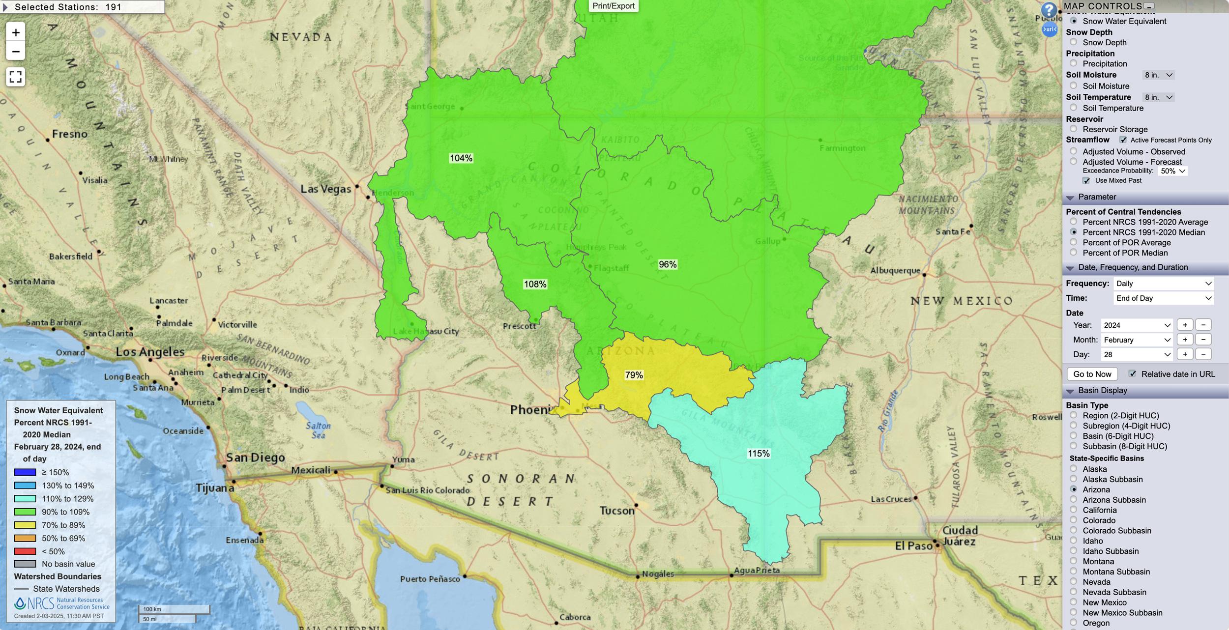 Arizona February 28, 2024 snow water equivalent percent map