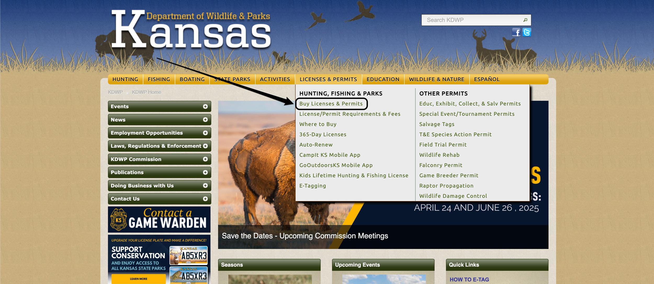 Accessing the Kansas hunting license and permit section