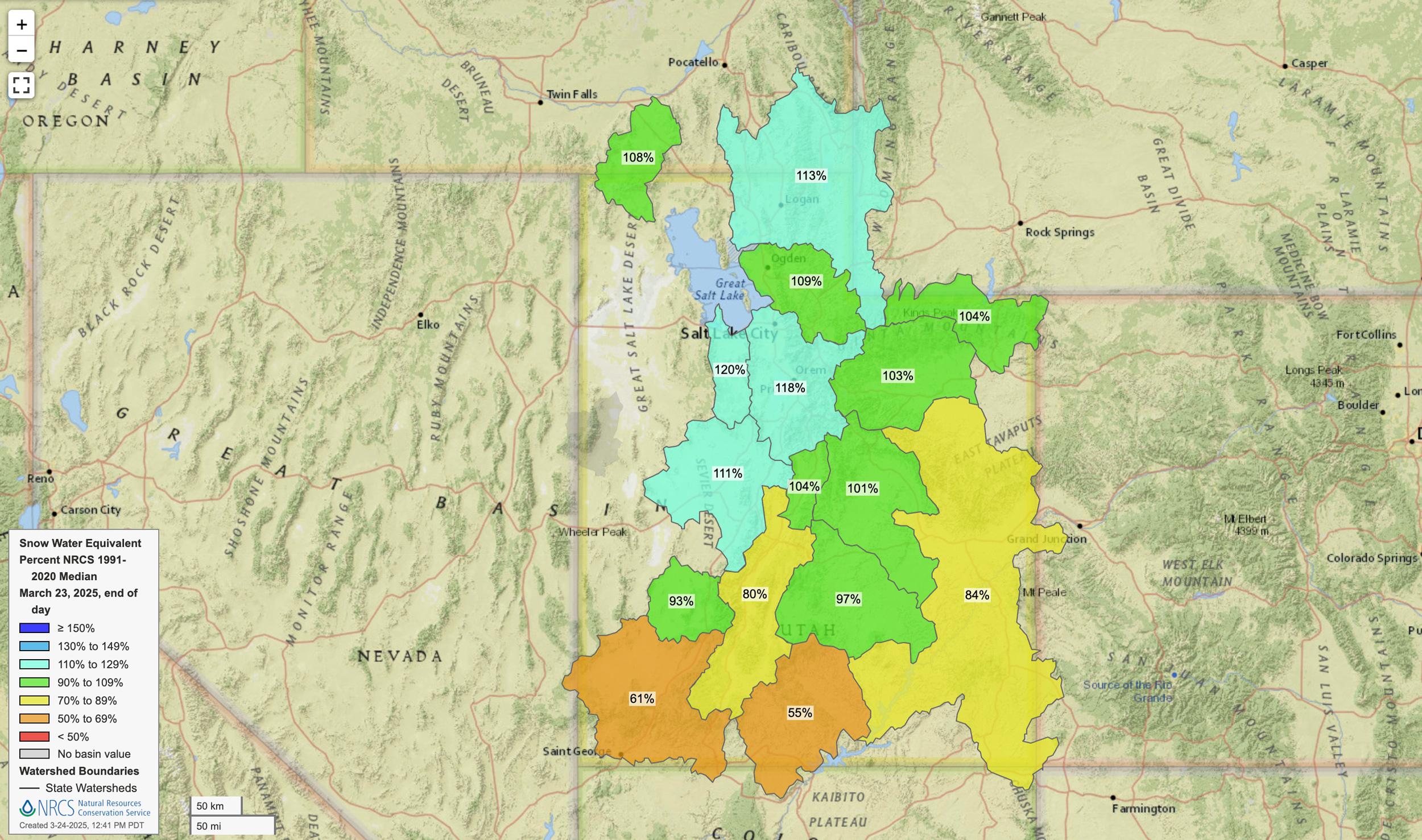 Utah late March 2025 snow water equivalent map