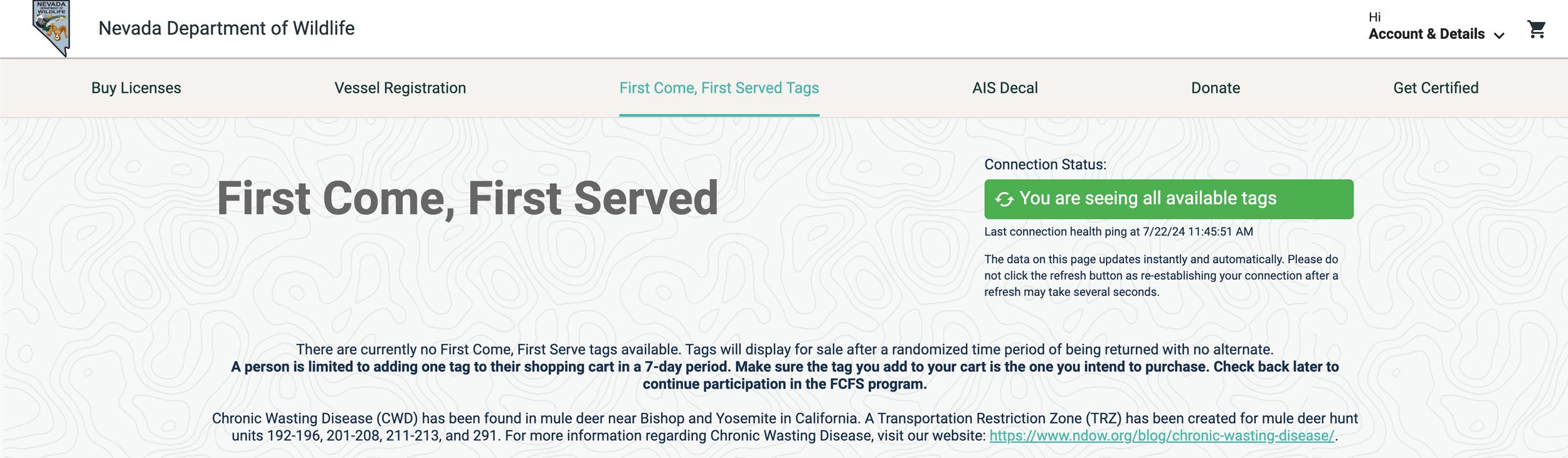View of Nevada first come, first served hunting tag screen waiting for license to show