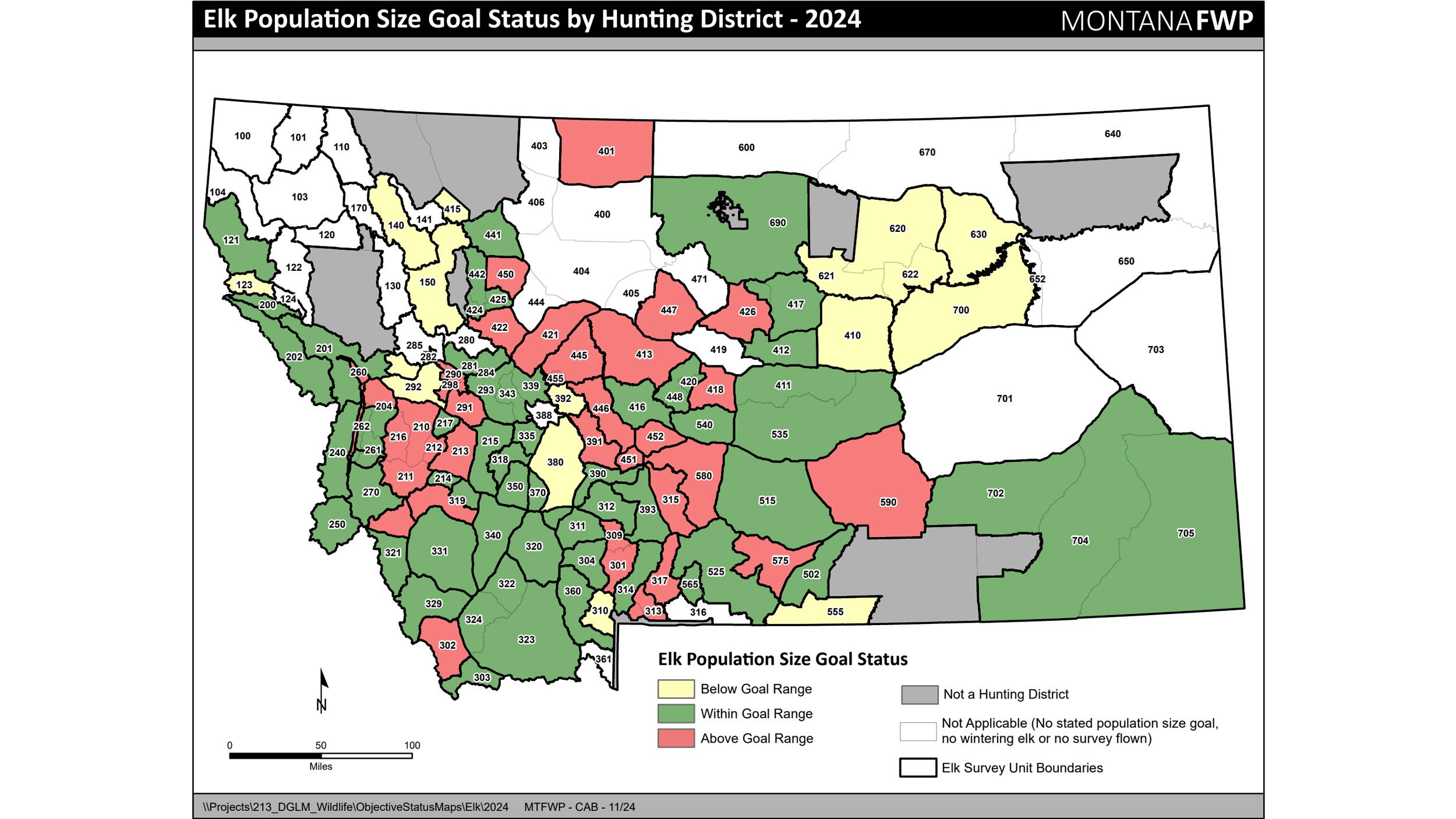 Montana elk population size goal status map by hunting district 2024