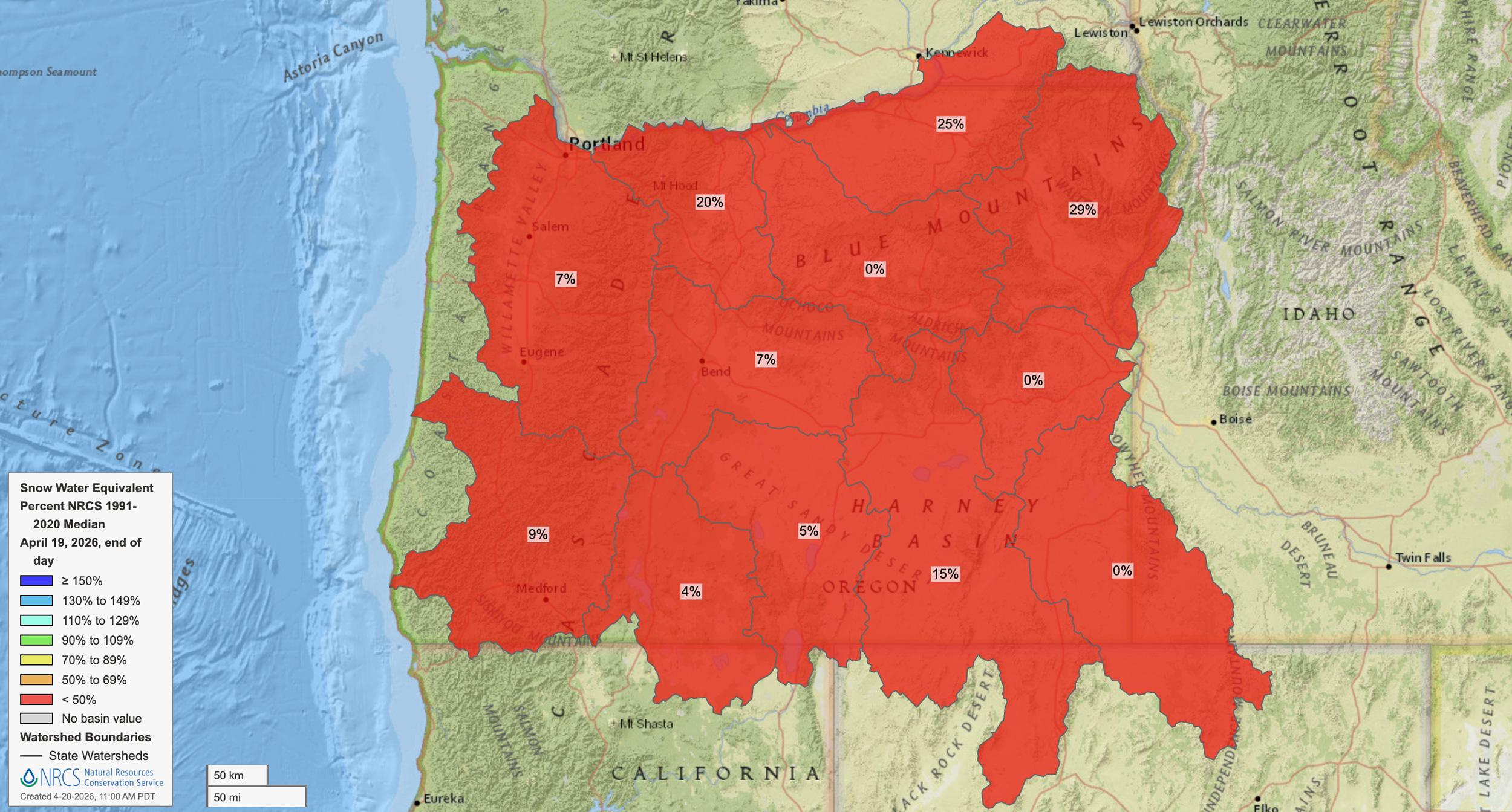 Oregon snow water equivalent map April 19, 2026