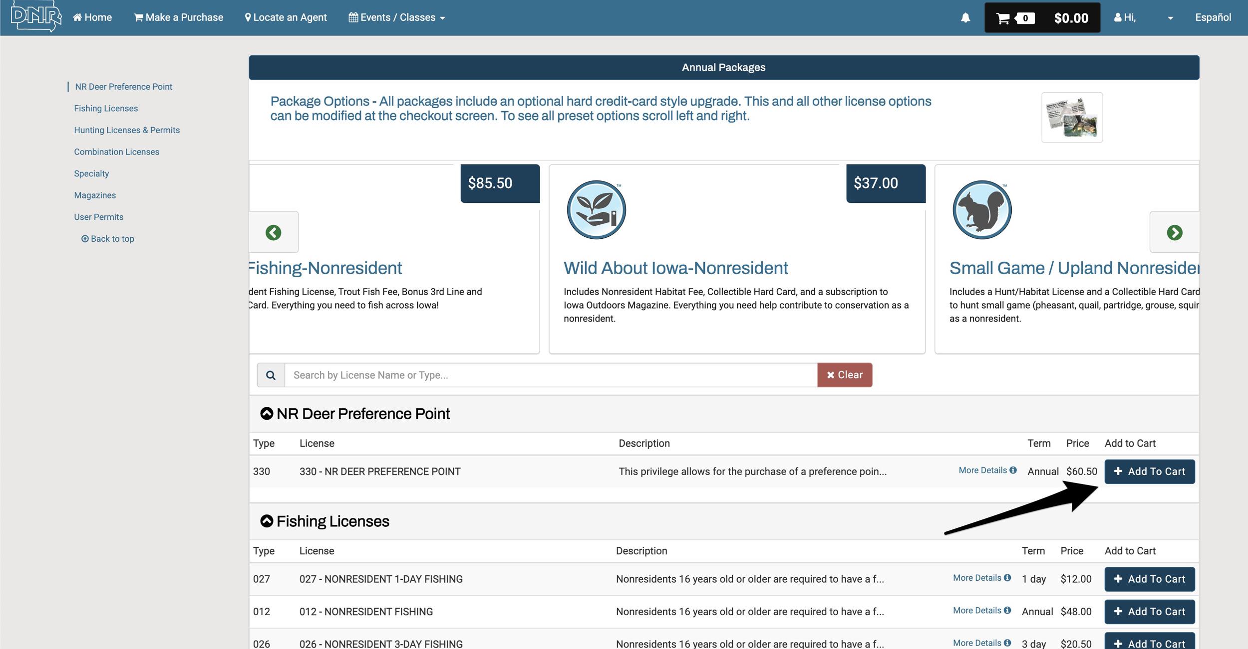 Adding an Iowa nonresident deer preference point to your cart