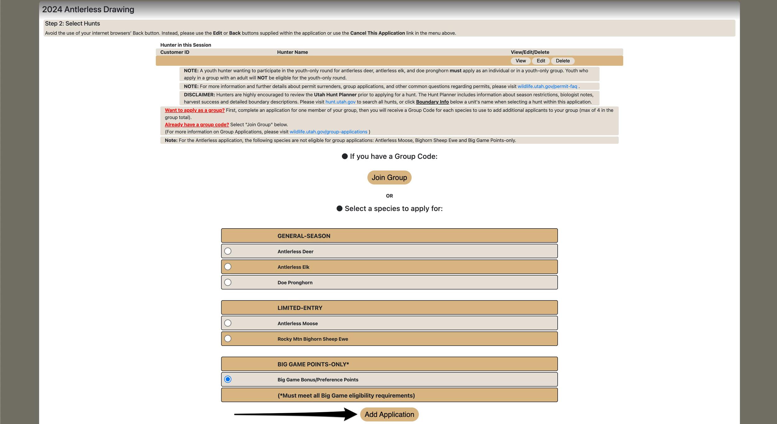 Utah big game points only selection