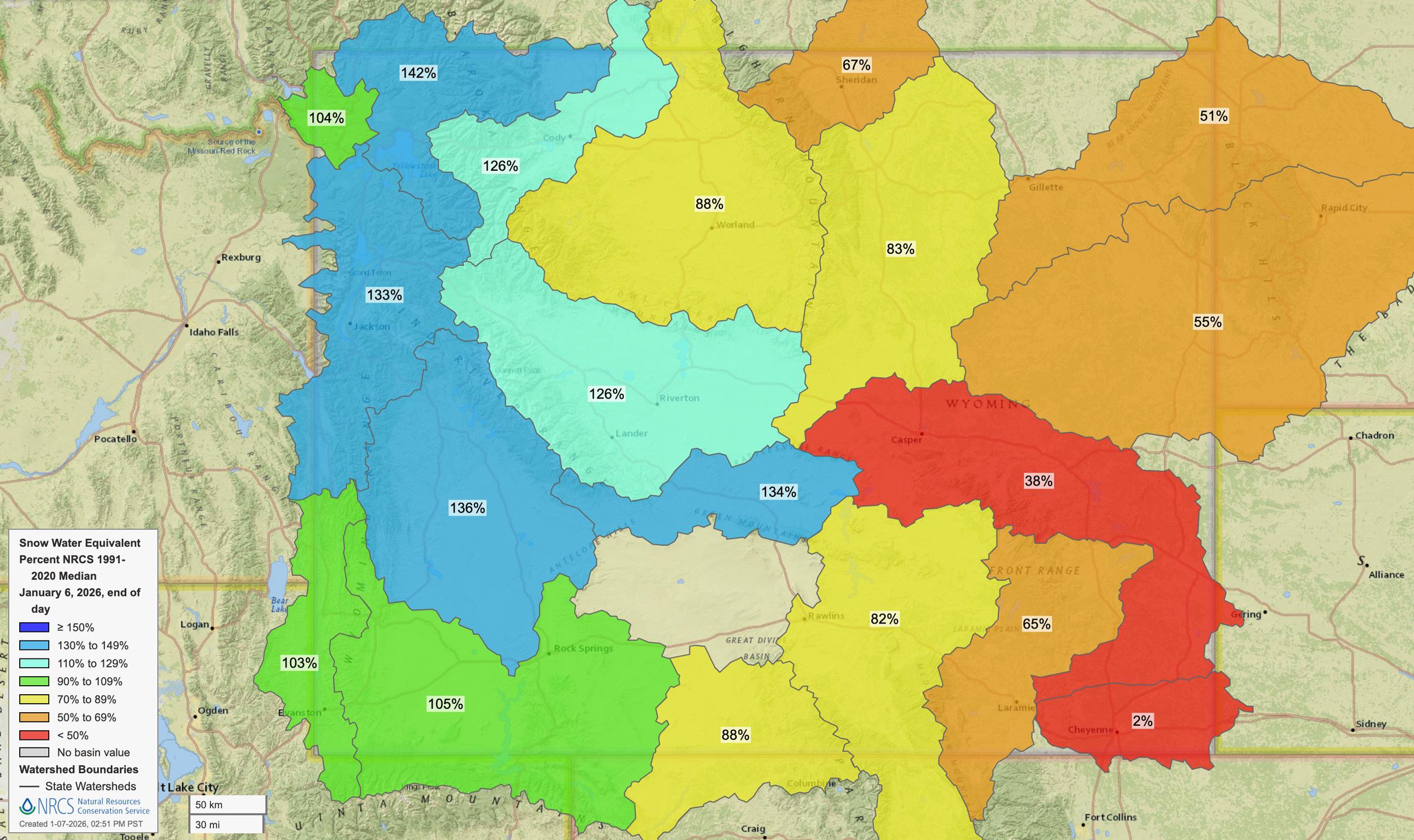 January 2026 Wyoming snow water equivalent percent of normal
