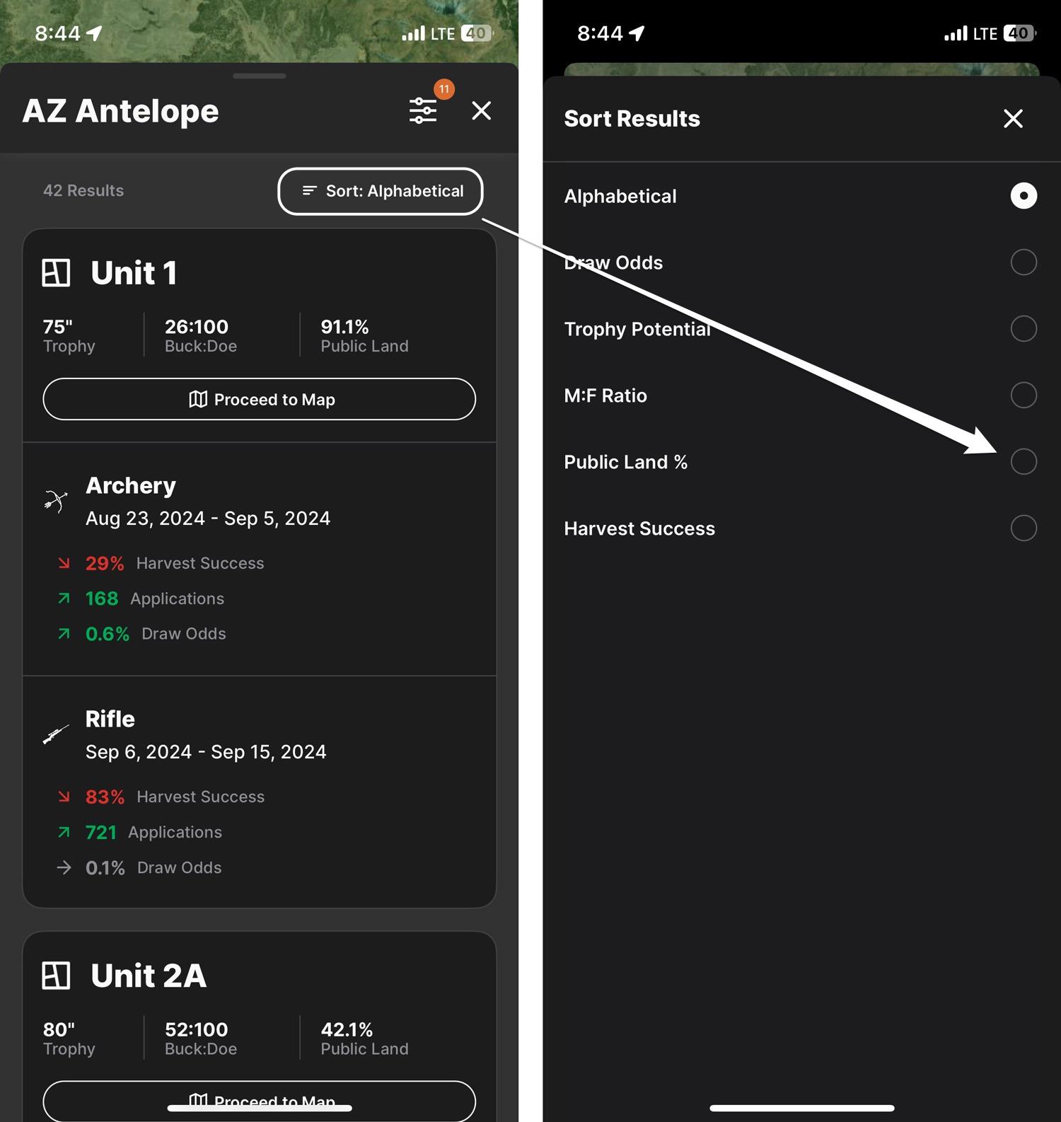 Sorting the hunt units by public land percentage