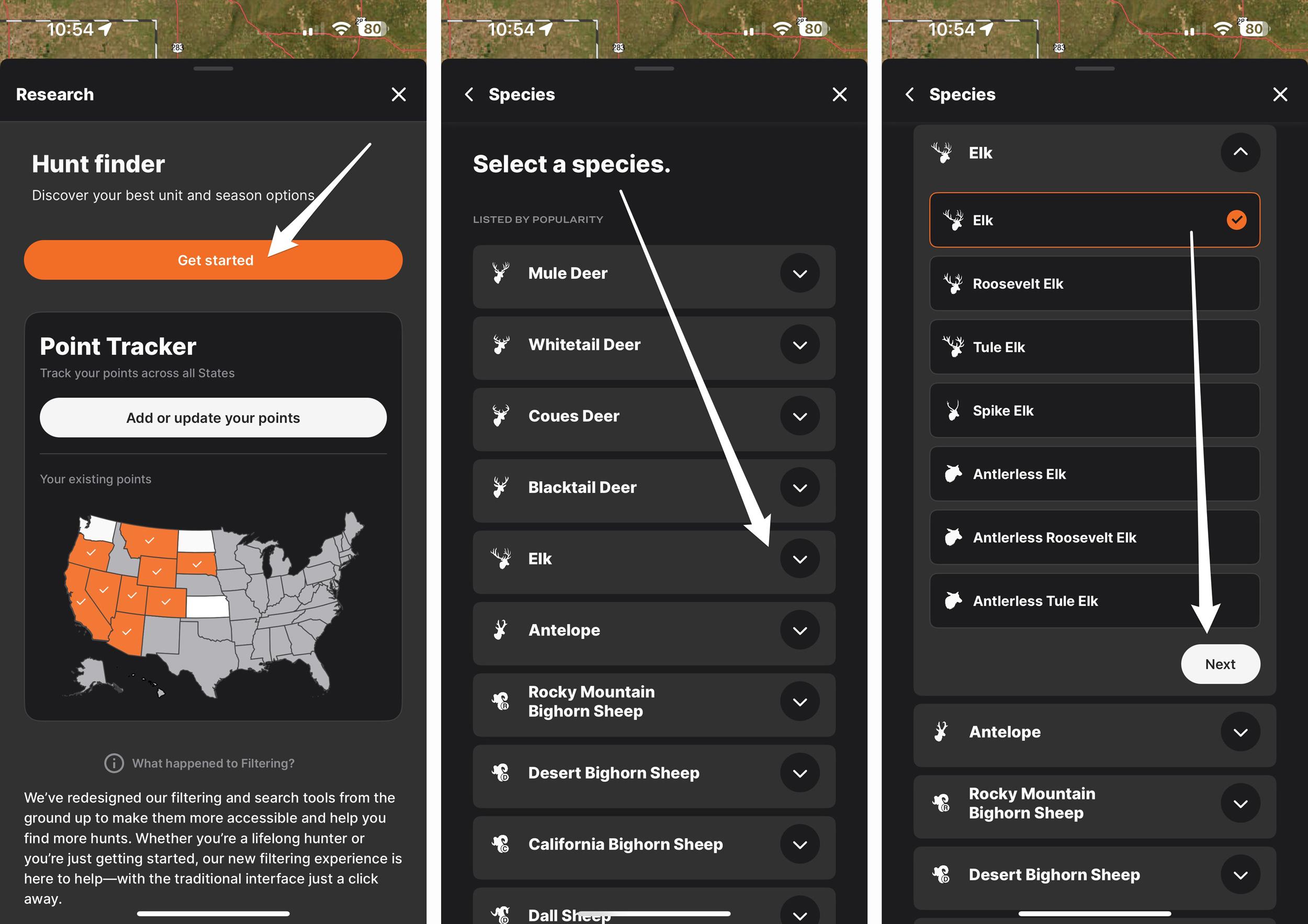 New research flow on the GOHUNT mobile app when finding hunting opportunities