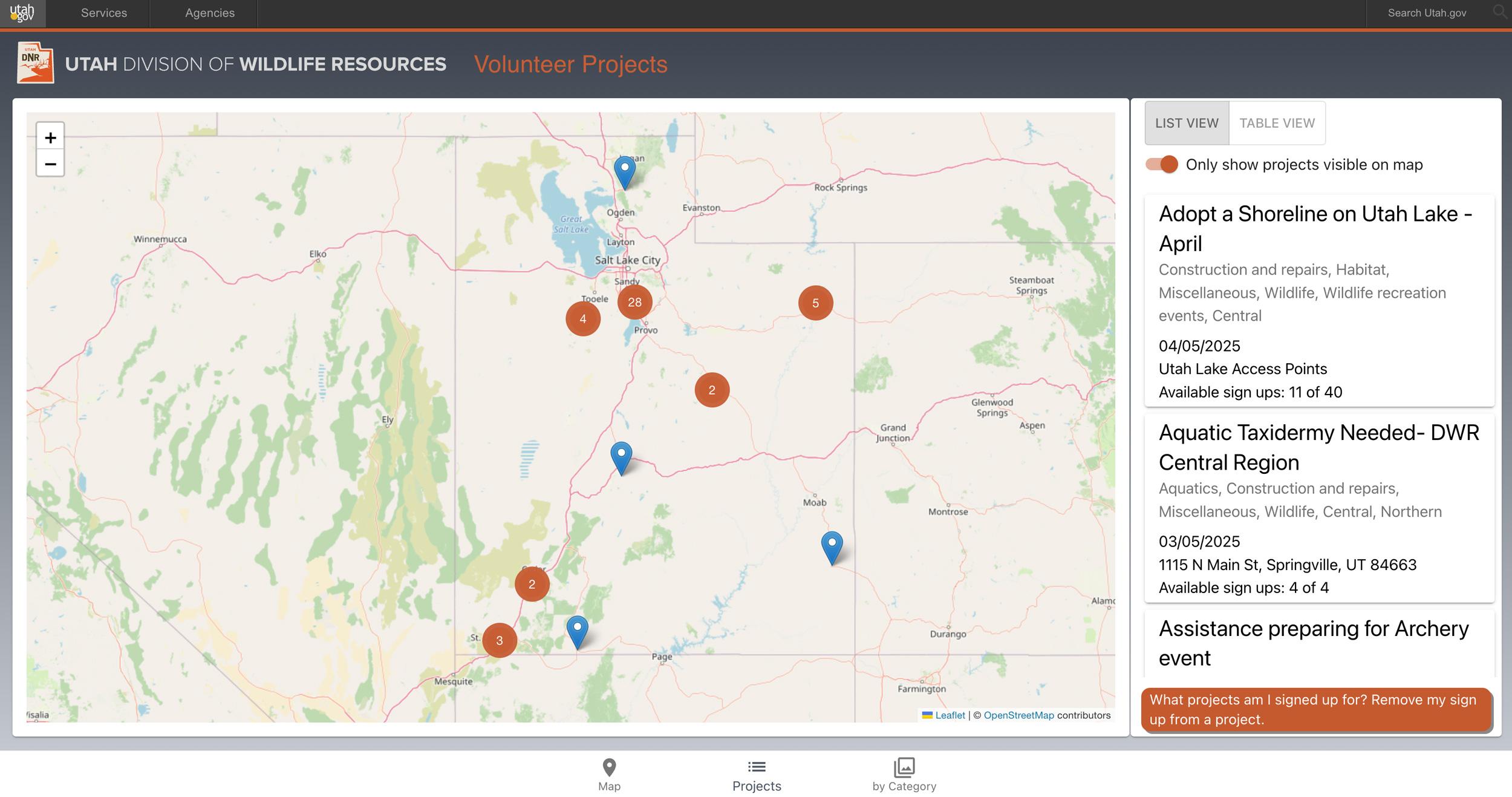Utah website to look up wildlife related service projects for Dedicated Hunter Program