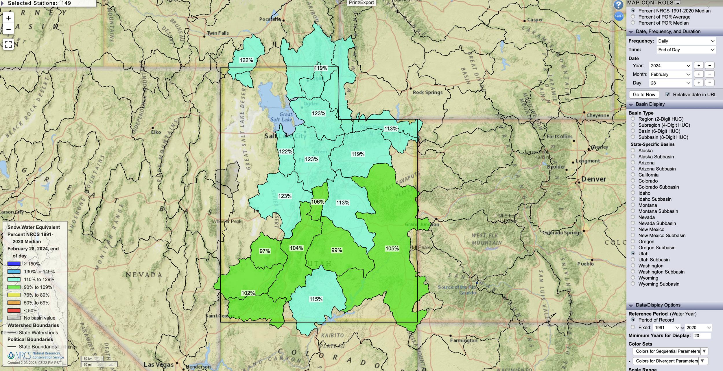 Utah February 28, 2024 snow water equivalent percent map