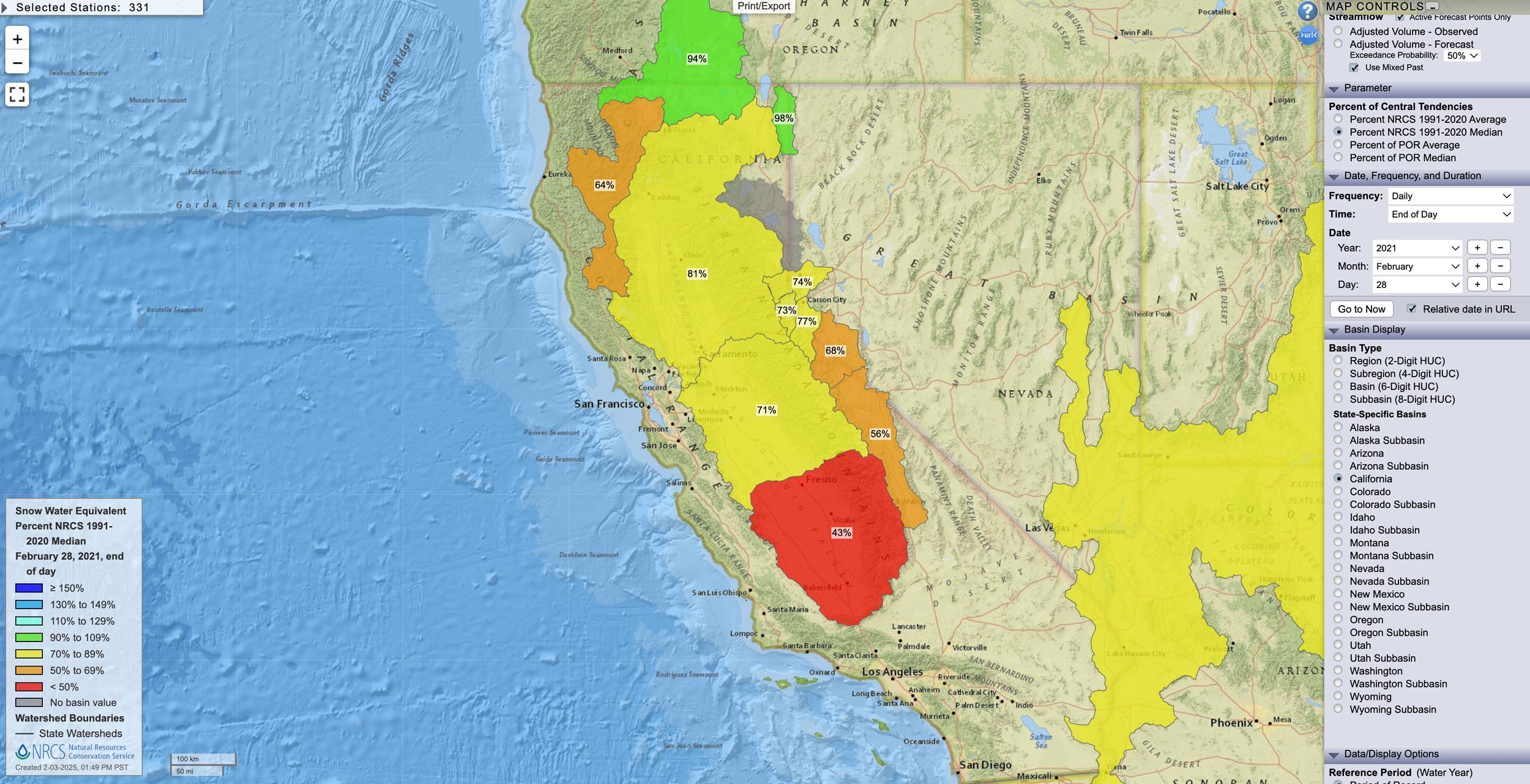 California February 28, 2021 snow water equivalent percent map