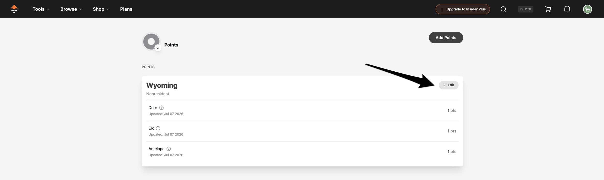 Updating your point totals on GOHUNT Point Tracker