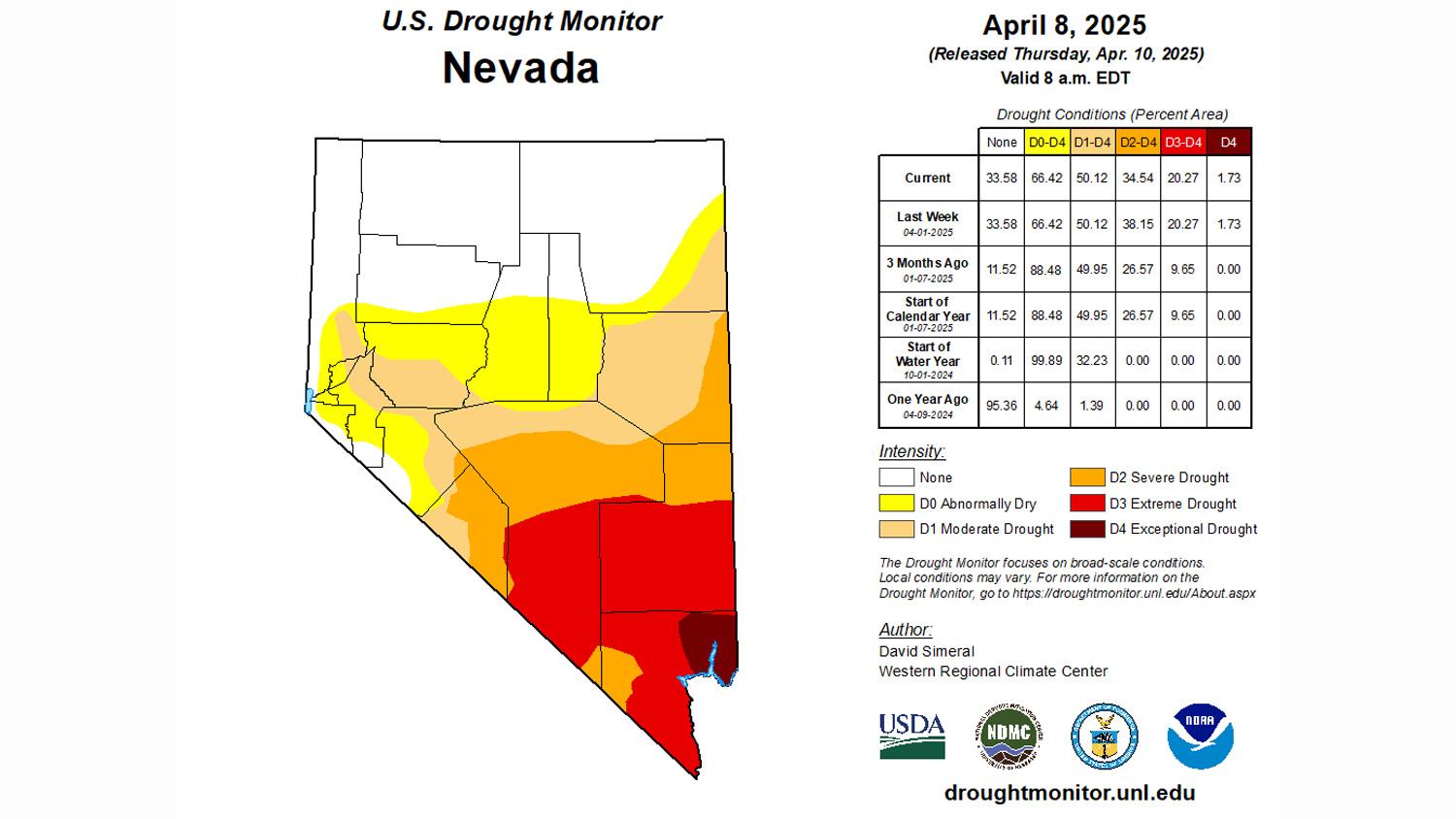 2025 mid April Nevada drought status map