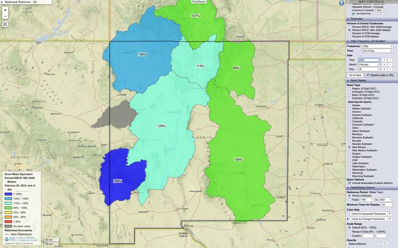 New Mexico February 28, 2023 snow water equivalent percent map