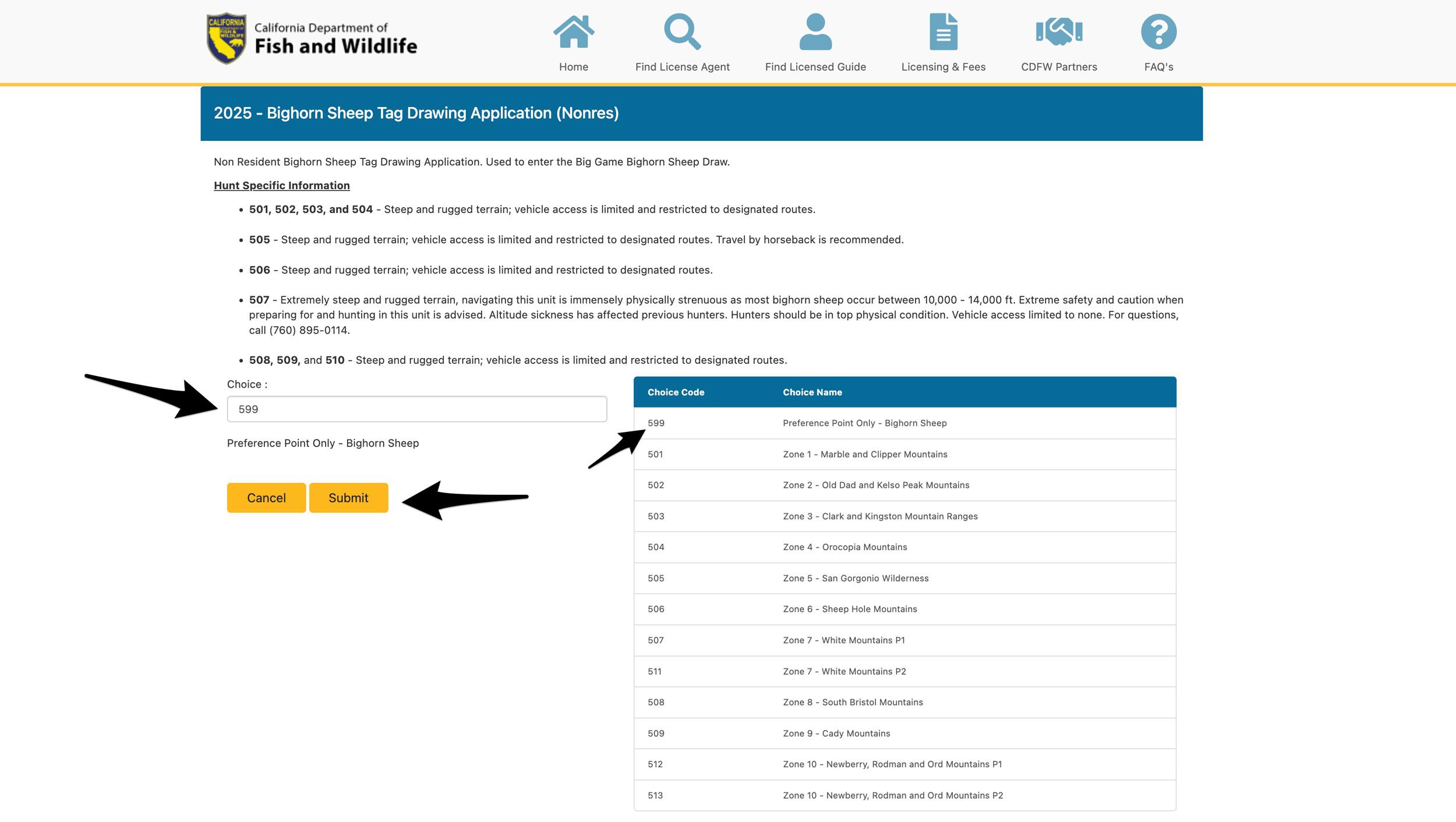 Entering in preference point code for each species in California