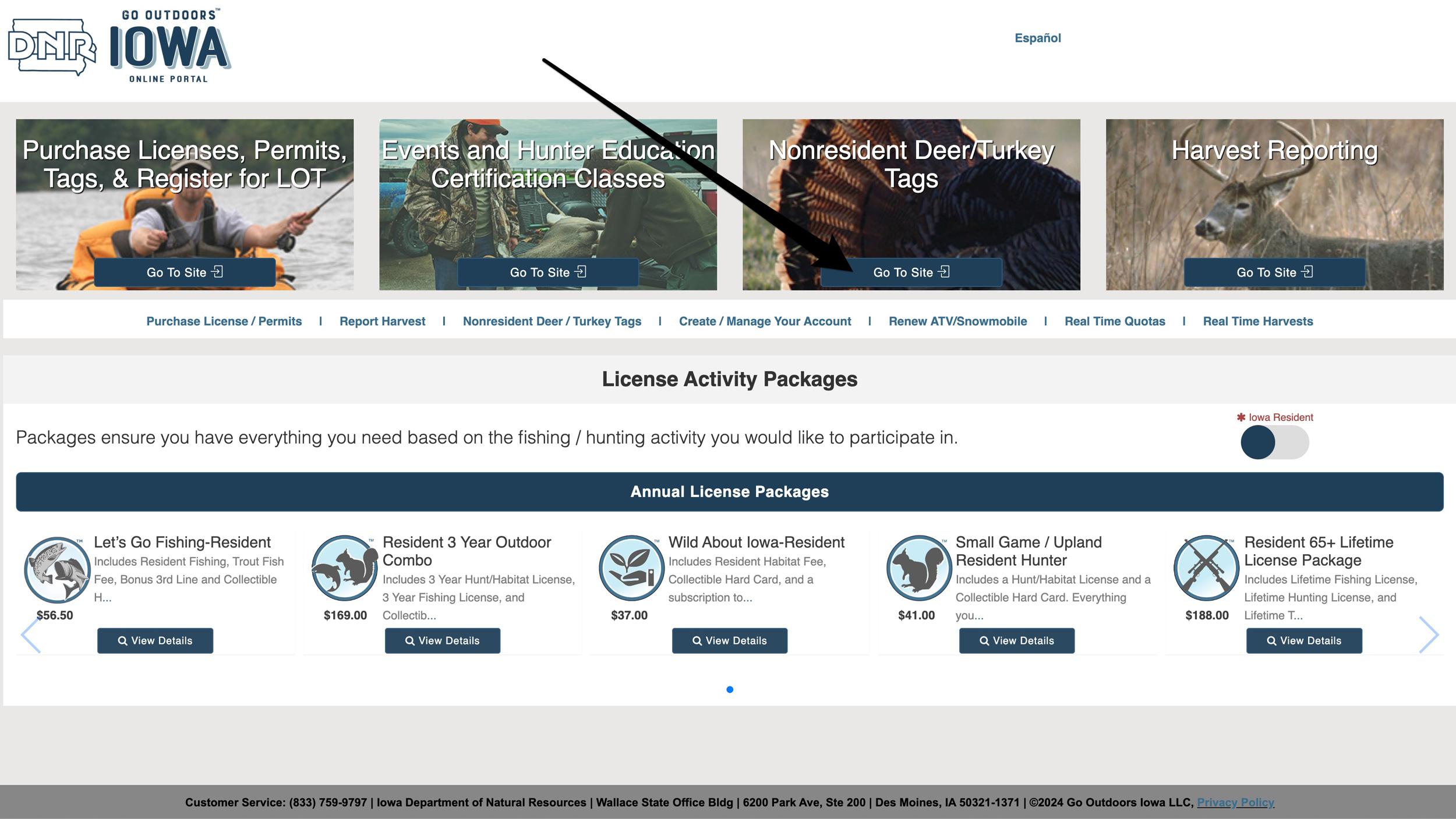 Go Outdoors Iowa online portal nonresident deer tag section to purchase preference point