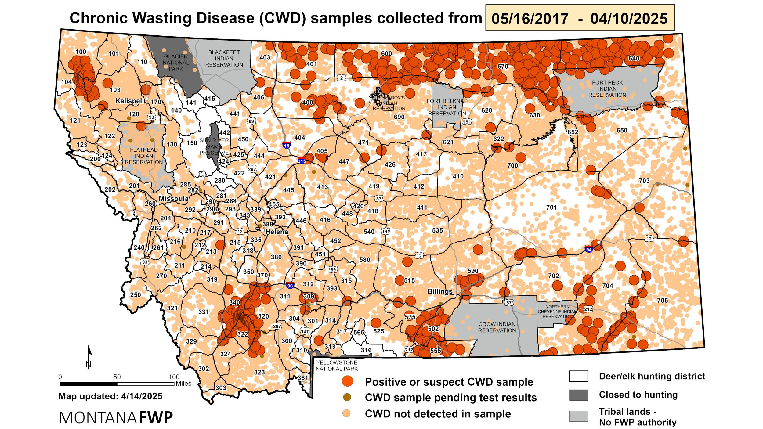 Montana chronic wasting disease samples and test results through April 2025