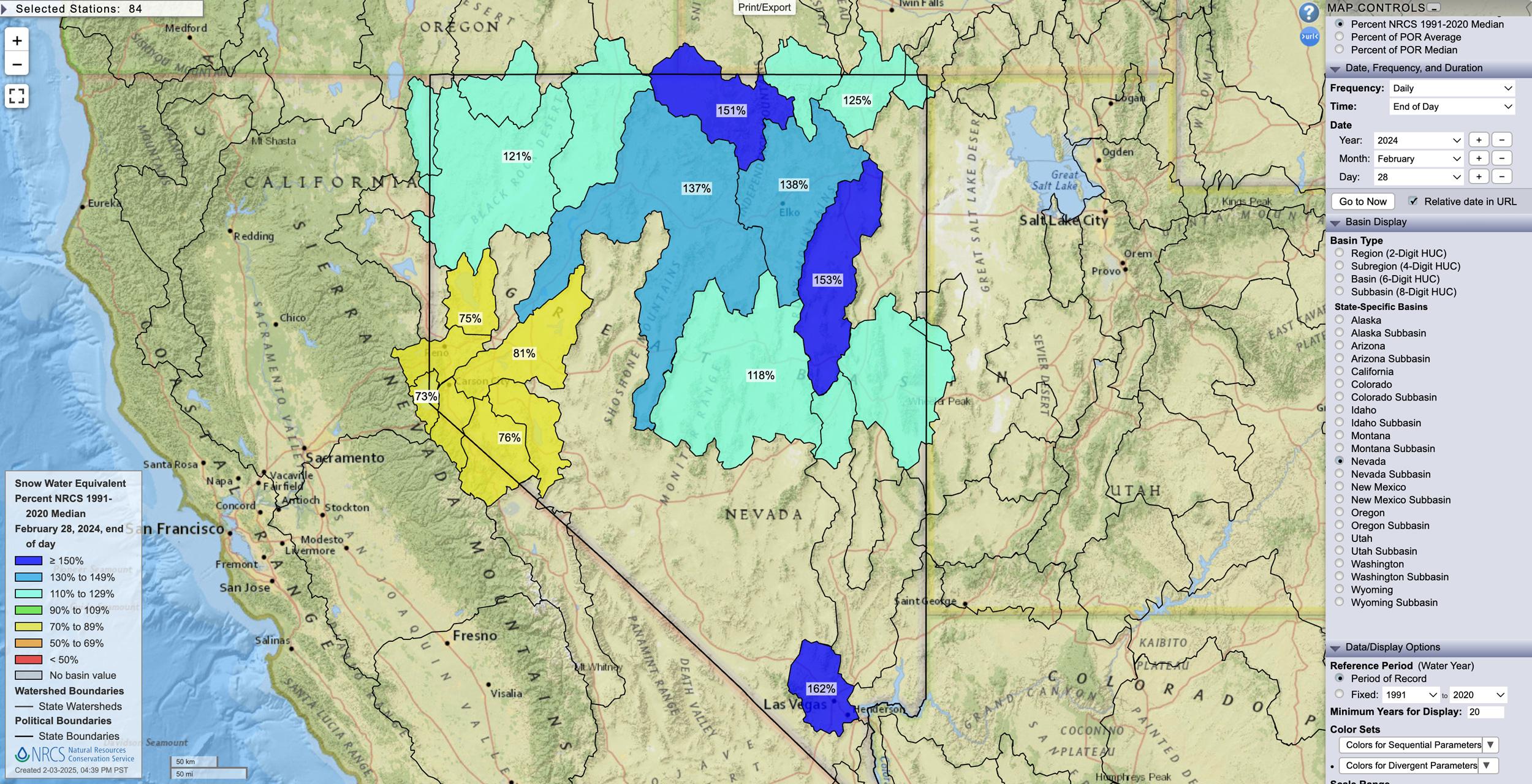 Nevada February 28, 2024 snow water equivalent percent map