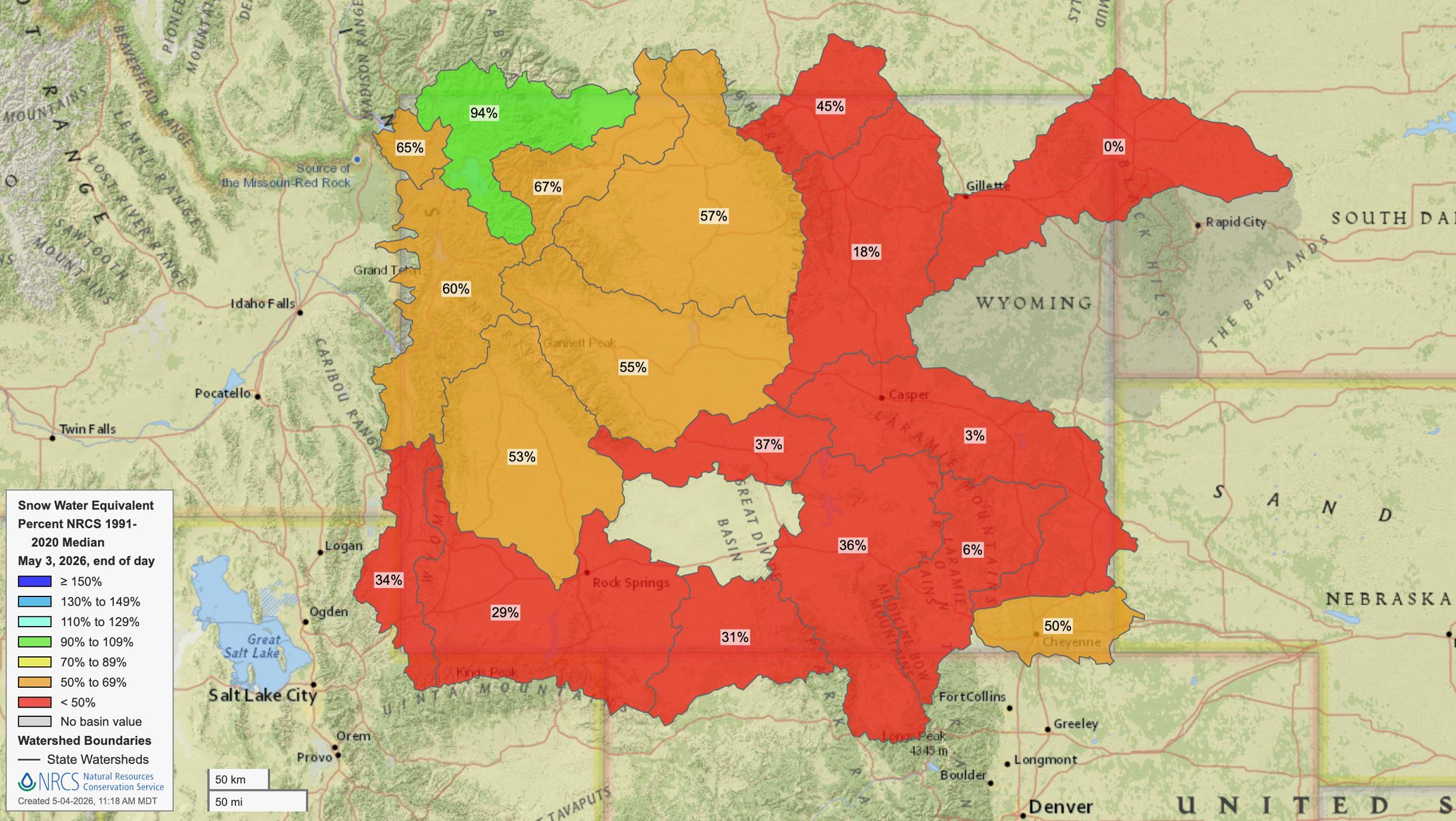 Wyoming early May 2026 snow water equivalent map