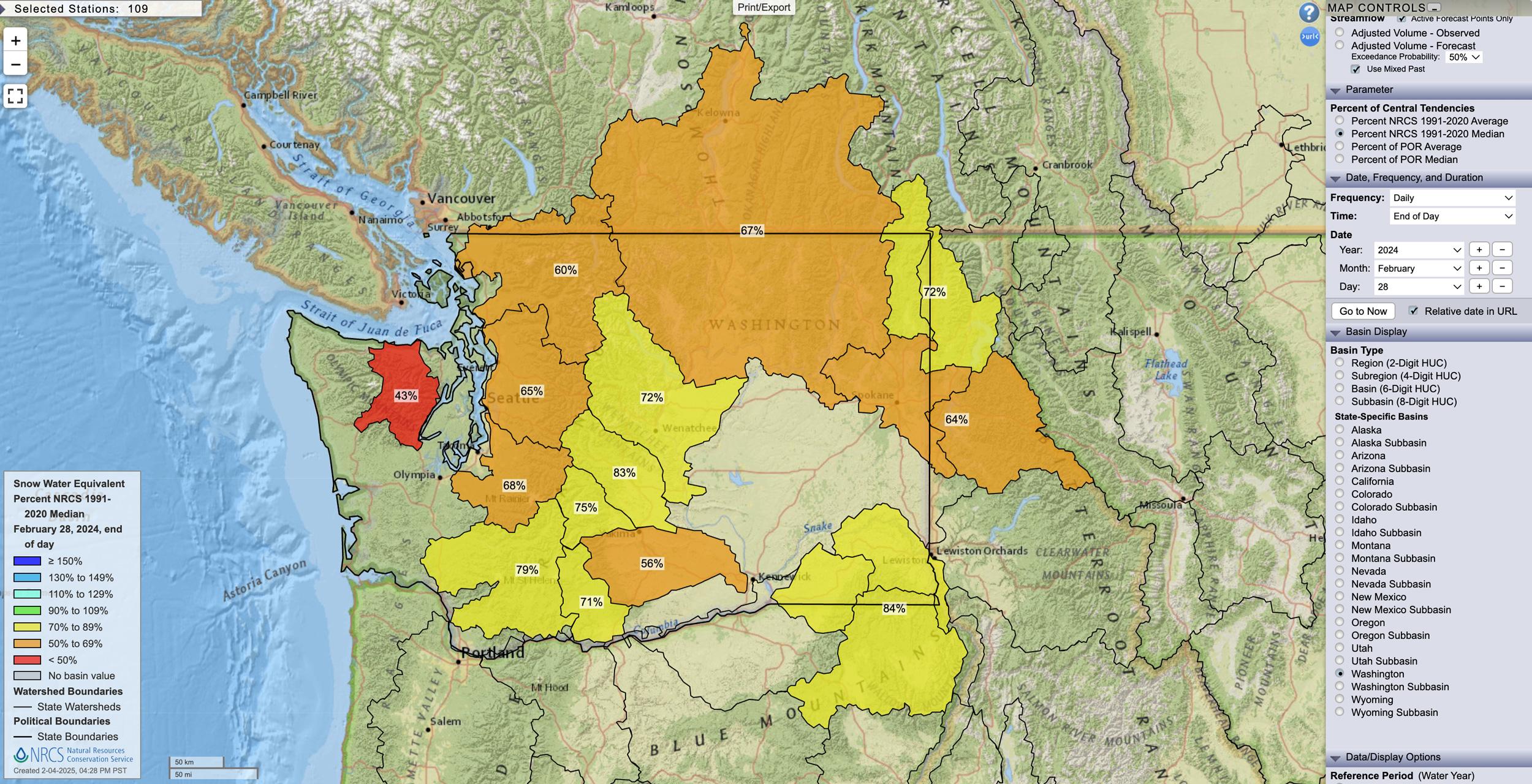 Washington February 28, 2024 snow water equivalent percent map