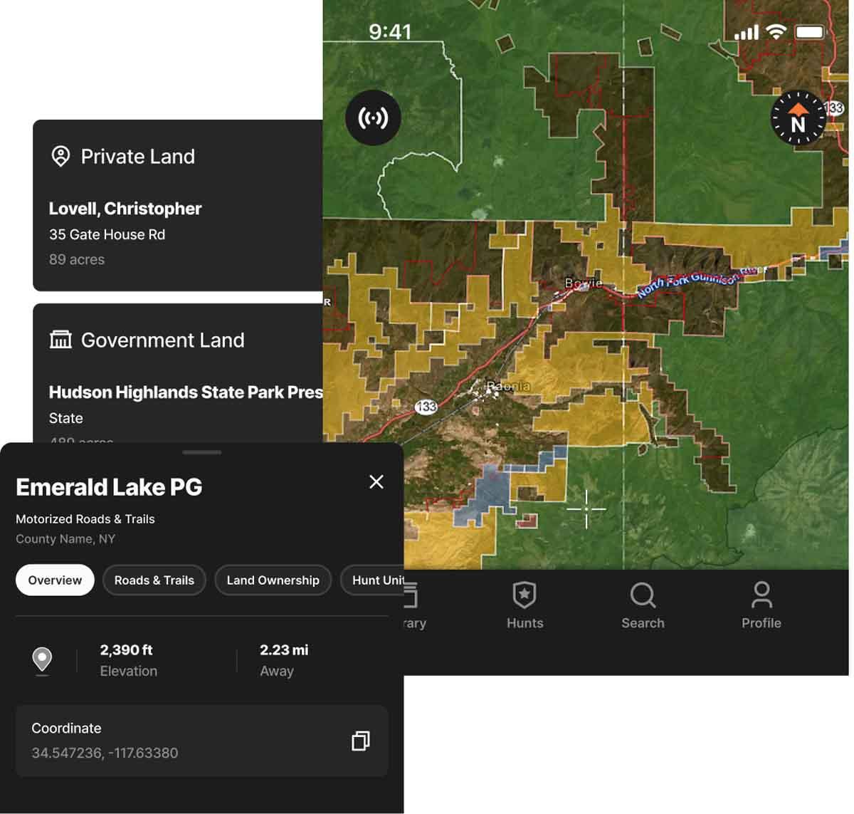 Color-coded public and private land boundaries